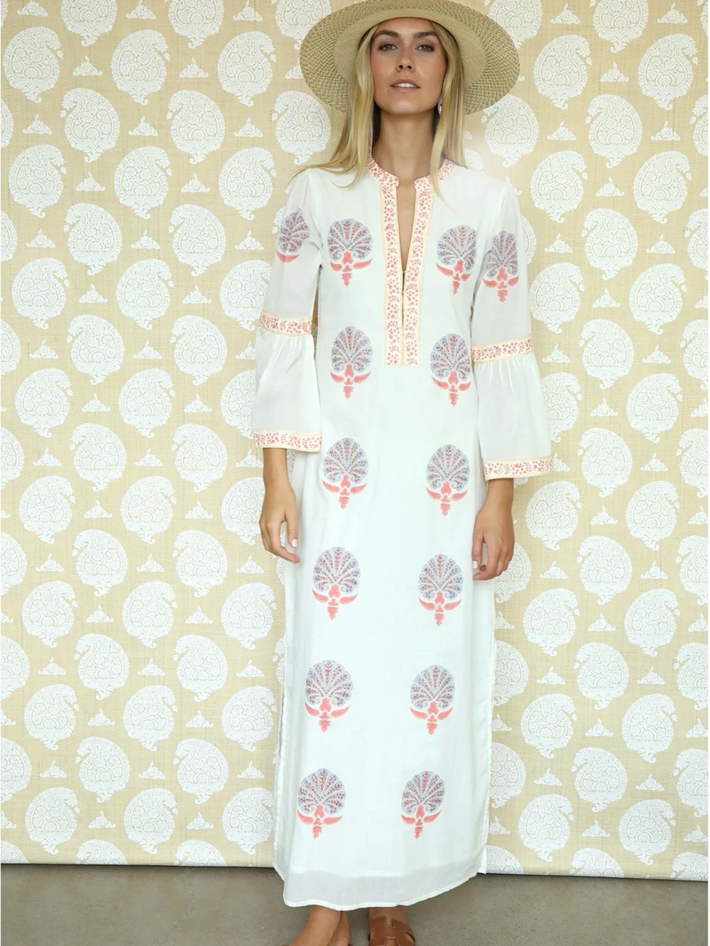 ASHA White Cotton Print Kaftan